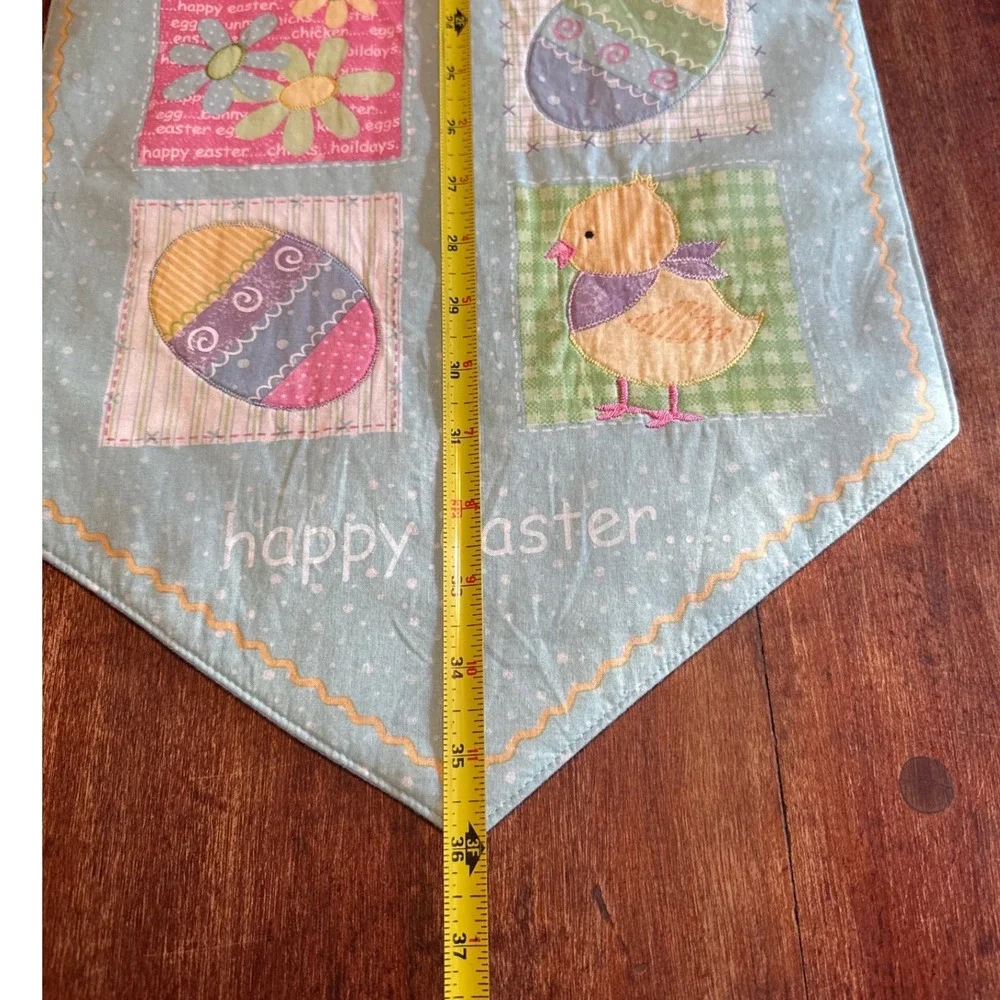 Happy Easter Quilted Table Runner Blue Polka Dot Bunny Chick‎ Eggs 13x36 LLL